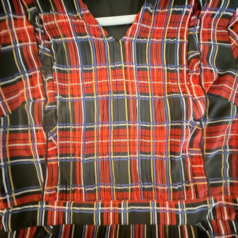 Plaid Long Sleeve Midi gunny sax Dress‎ Red Black Ruffle Collar Tie Neck prairie
